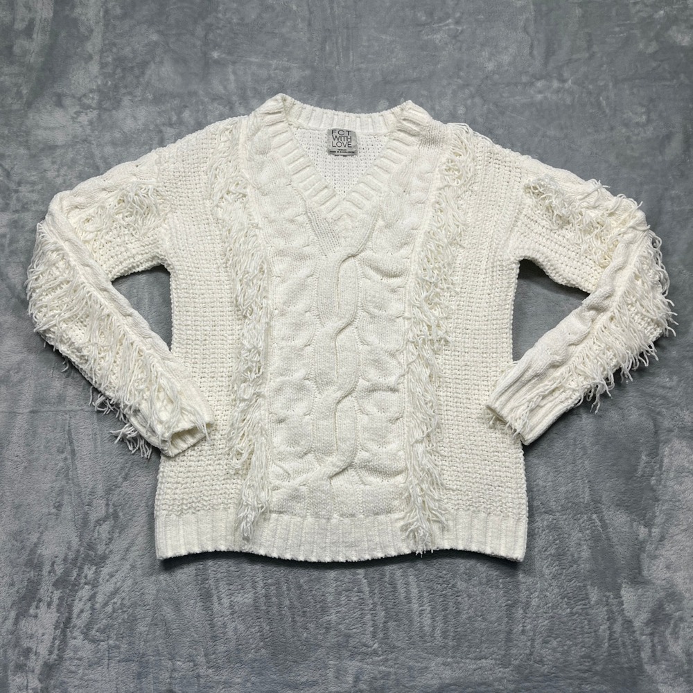 FCT WITH LOVE Sweater Women Medium Cream‎ Chenille Cable Knit Fringe V-Neck
